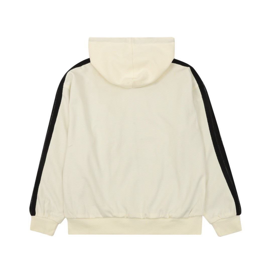 <p>Loewe 拼色织带刺绣连帽拉链外套(米黃)</p>