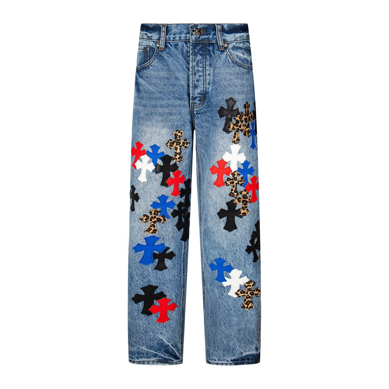 <p>CHROME HEARTS 彩色豹纹十字架拼皮情侣款水洗宽松牛仔裤(1736#)</p>