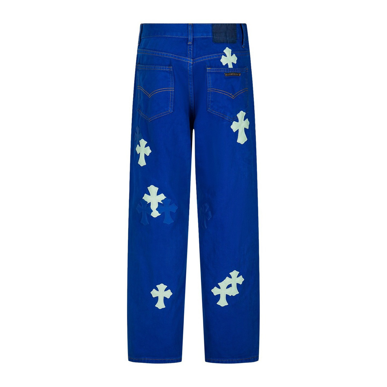 <p>CHROME HEARTS 伦敦限定多巴胺蓝拼皮牛仔裤(1751#)</p>