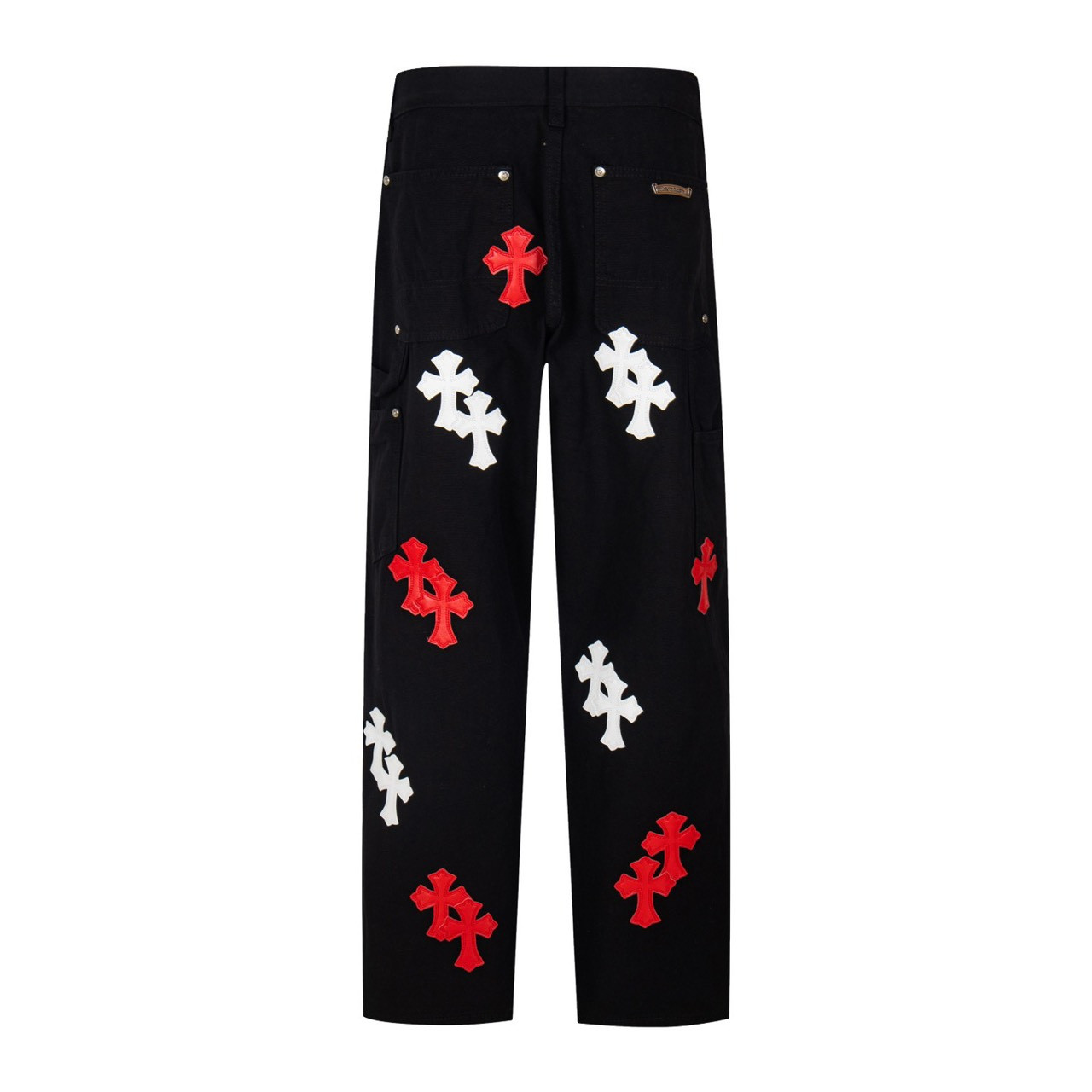 <p>CHROME HEARTS 黑色伐木裤红皮拼白皮元素水洗牛仔裤(1773#)</p>