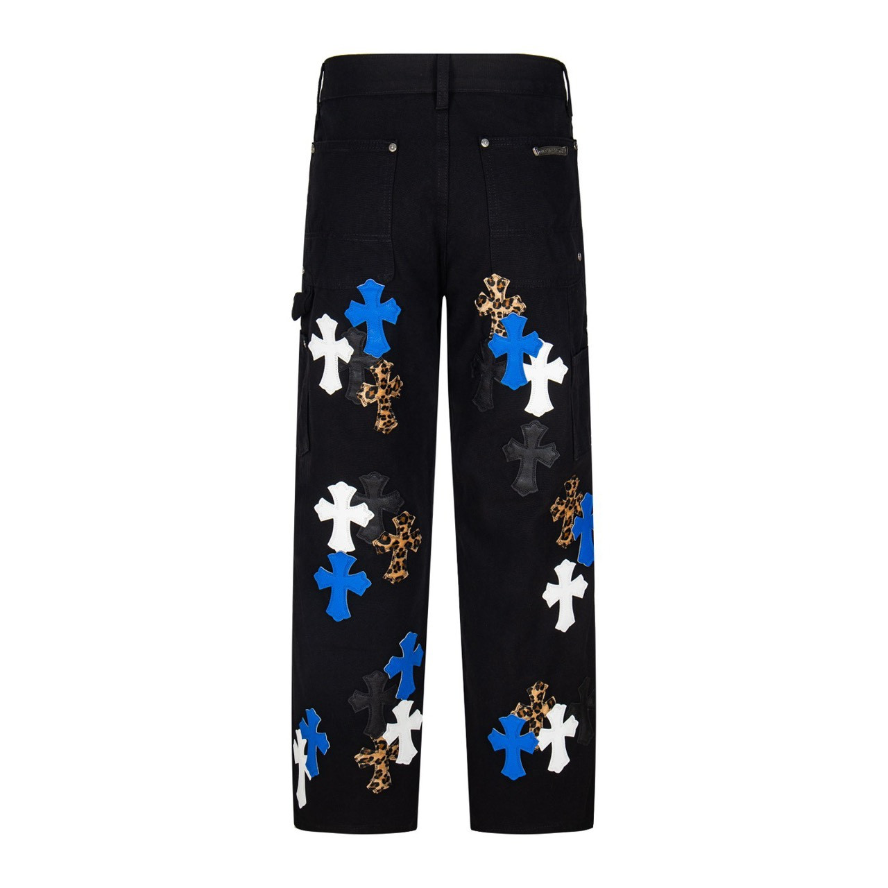 <p>CHROME HEARTS 蓝豹纹拼白皮十字架拼皮情侣款水洗宽松牛仔裤(1777#)</p>