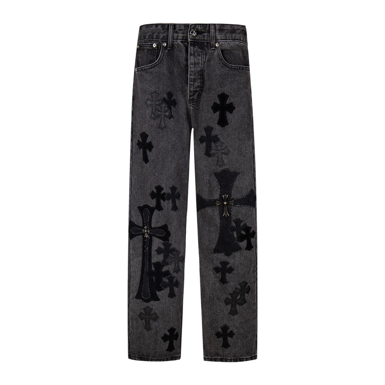 <p>CHROME HEARTS 黑色拼多黑皮大魔王牛王牛仔裤(1769#)</p>