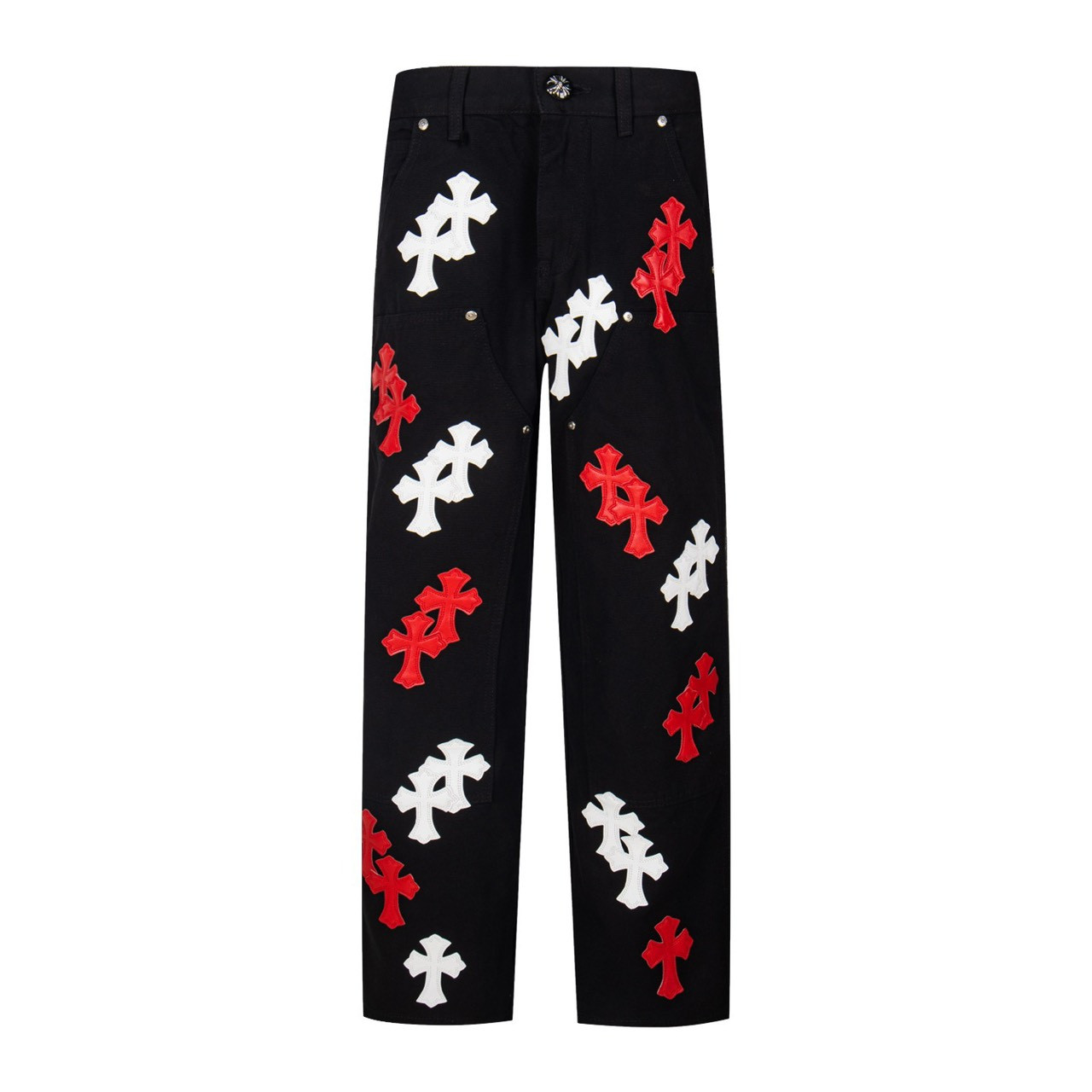 <p>CHROME HEARTS 黑色伐木裤红皮拼白皮元素水洗牛仔裤(1773#)</p>