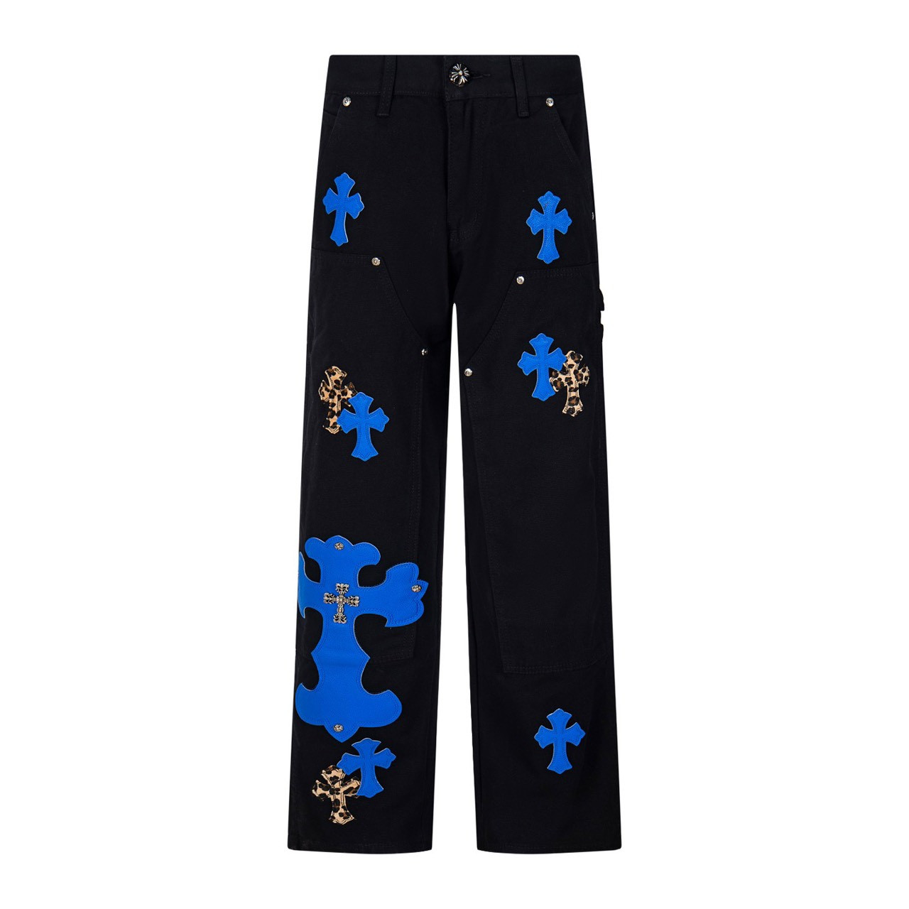 <p>CHROME HEARTS 伐木重工蓝色豹纹十字架牛仔裤(1750#)</p>