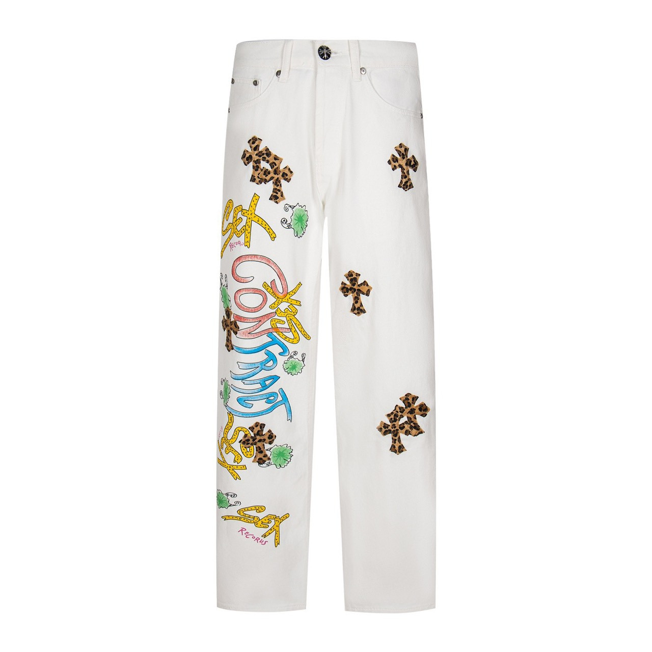 <p>CHROME HEARTS 白底拼豹纹中古涂鸦绘画高街牛仔裤(1782#)</p>