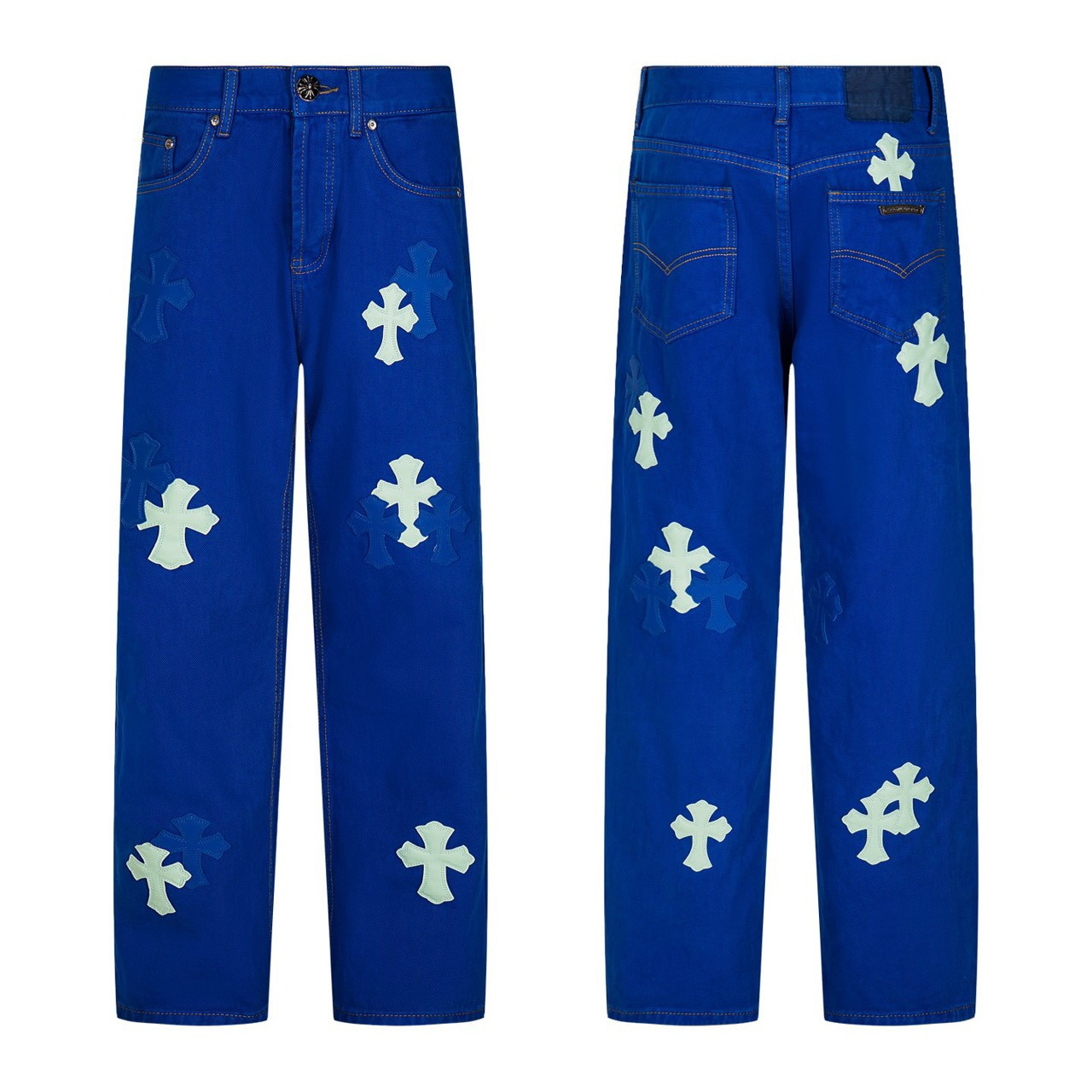 <p>CHROME HEARTS 伦敦限定多巴胺蓝拼皮牛仔裤(1751#)</p>