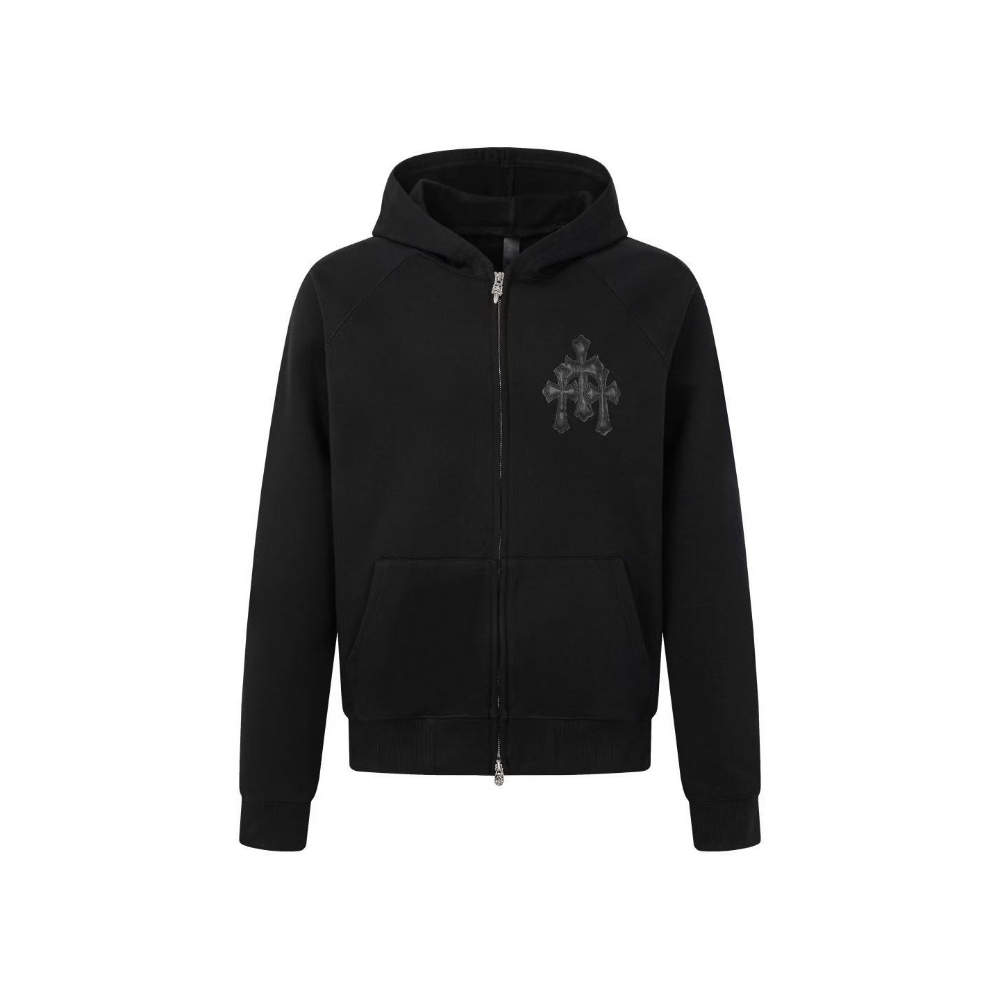 <p>CHROME HEARTS 三花十字架皮标拉链连帽外套(黑)</p>