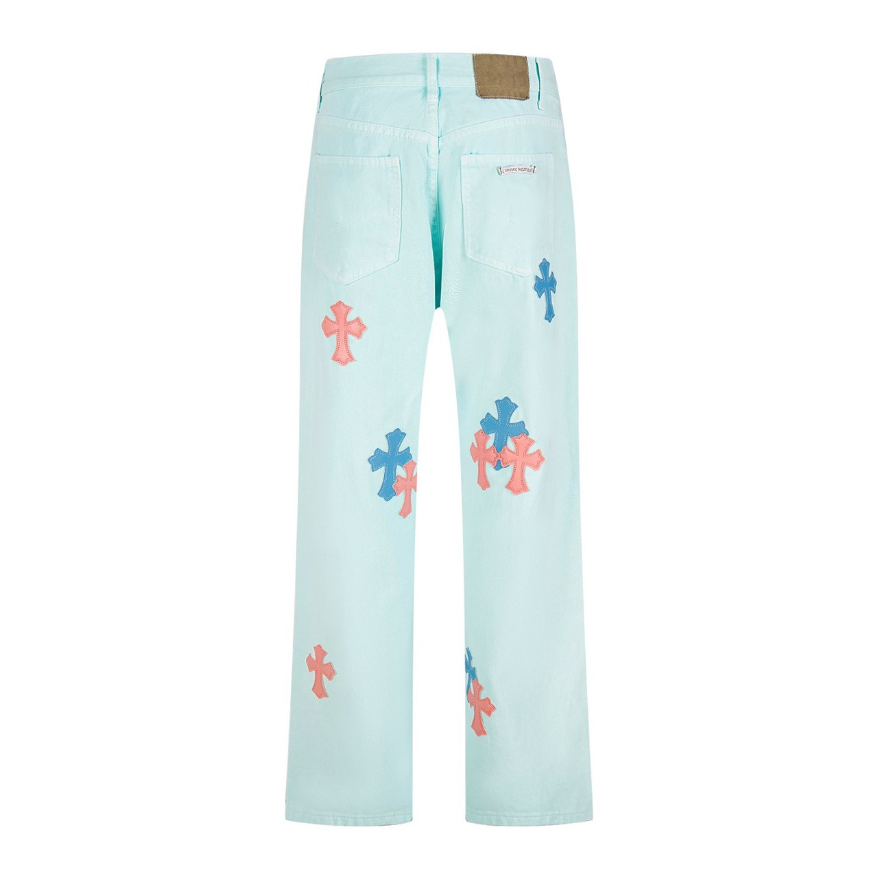 <p>CHROME HEARTS 浅蓝青裤粉蓝拼皮情侣闺蜜牛仔裤(1817#)</p>