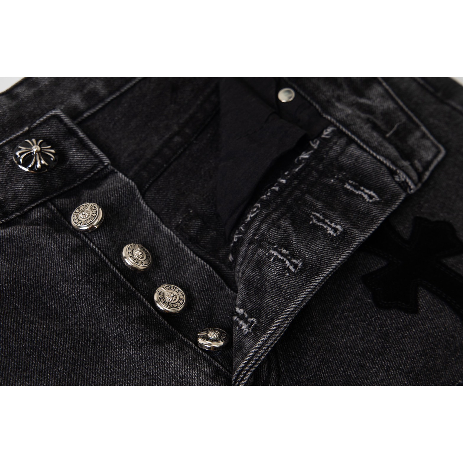 <p>CHROME HEARTS 黑色拼多黑皮大魔王牛王牛仔裤(1769#)</p>