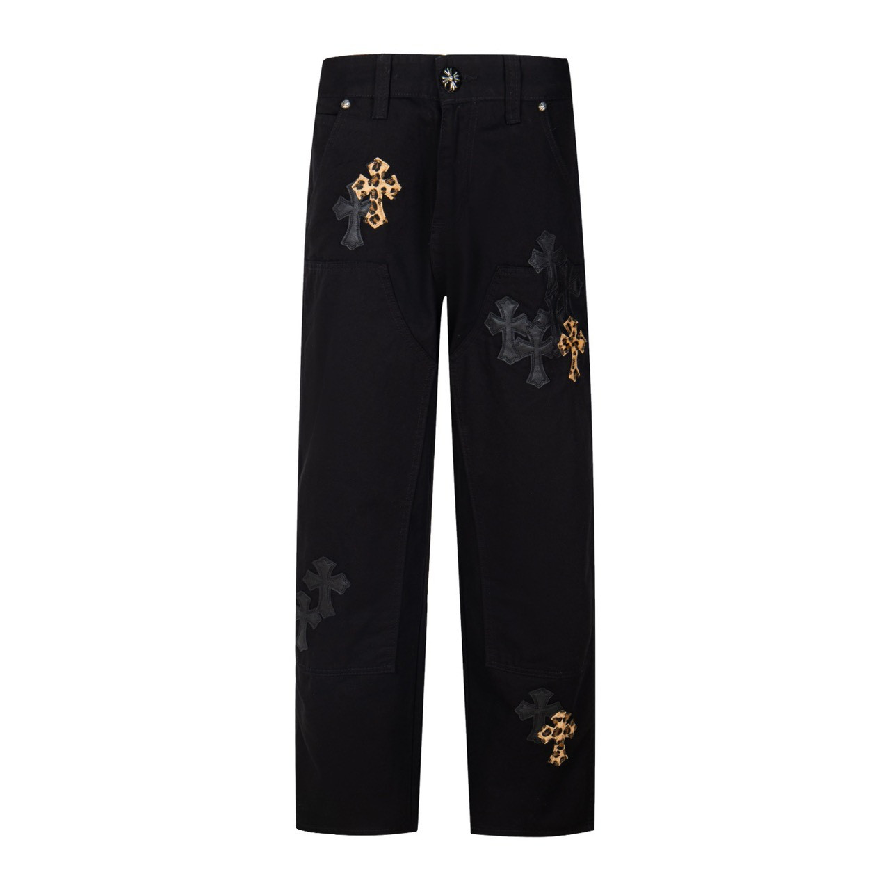 <p>CHROME HEARTS 豹纹拼黑皮伐木多皮元素水洗牛仔裤(1776#)</p>