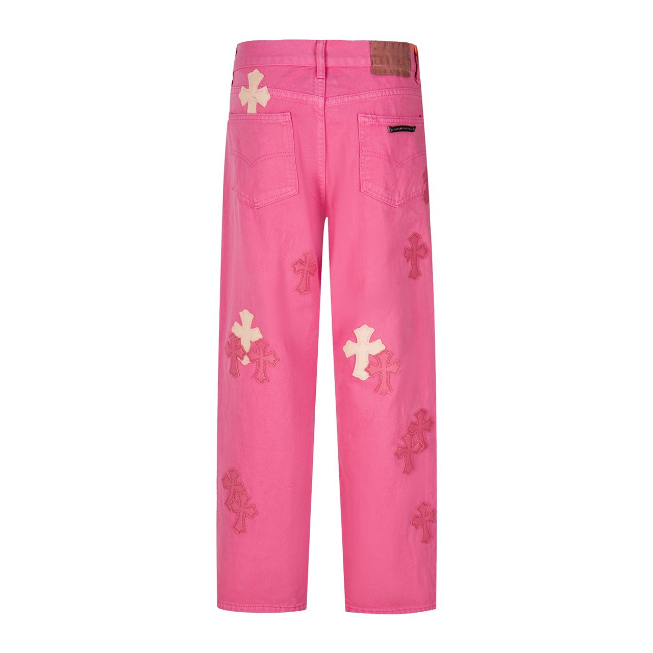 <p>CHROME HEARTS 多巴胺淡粉十字架贴皮水洗牛仔裤(1778#)</p>