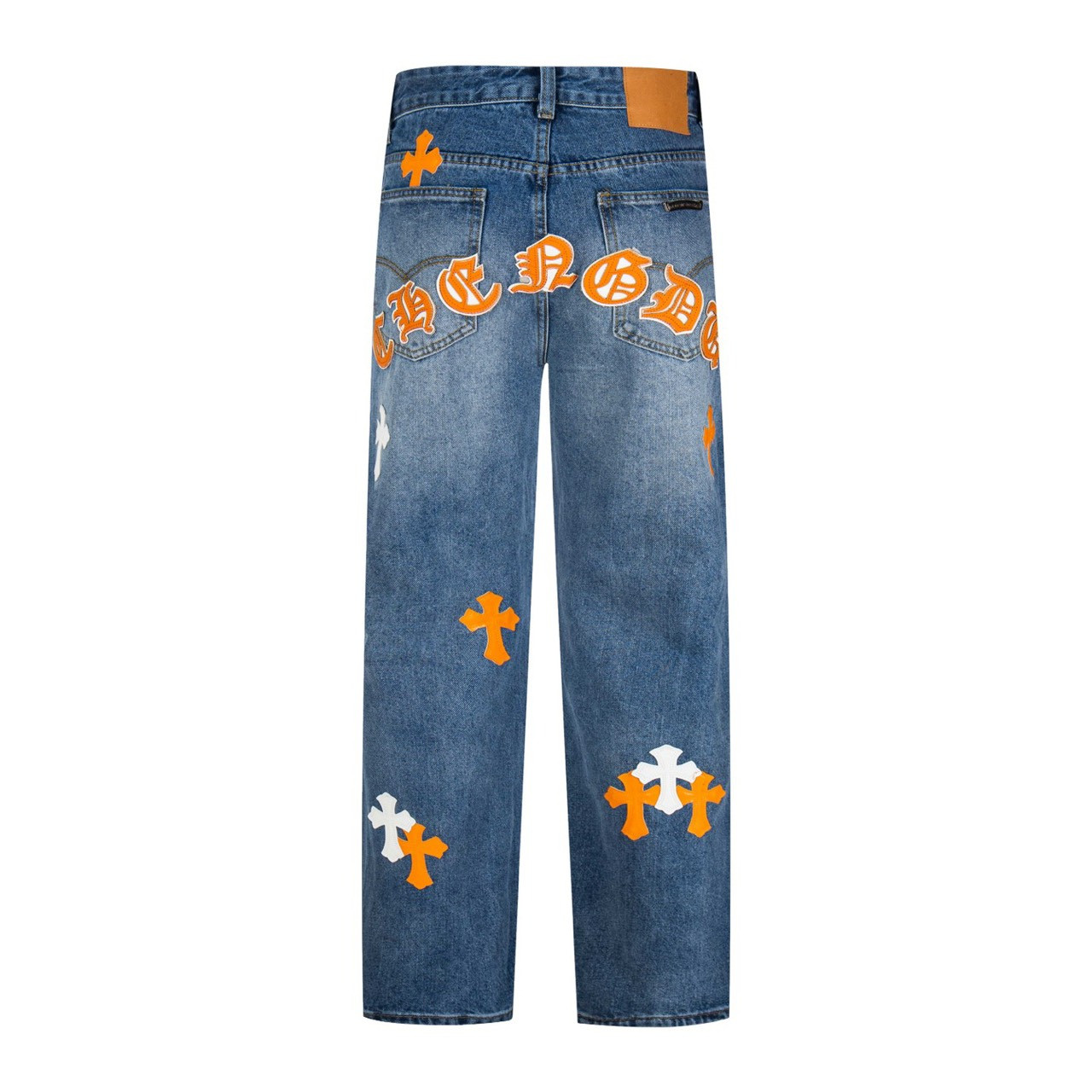 <p>CHROME HEARTS 浅蓝裤梵文黄白拼皮牛仔裤(1804#)</p>