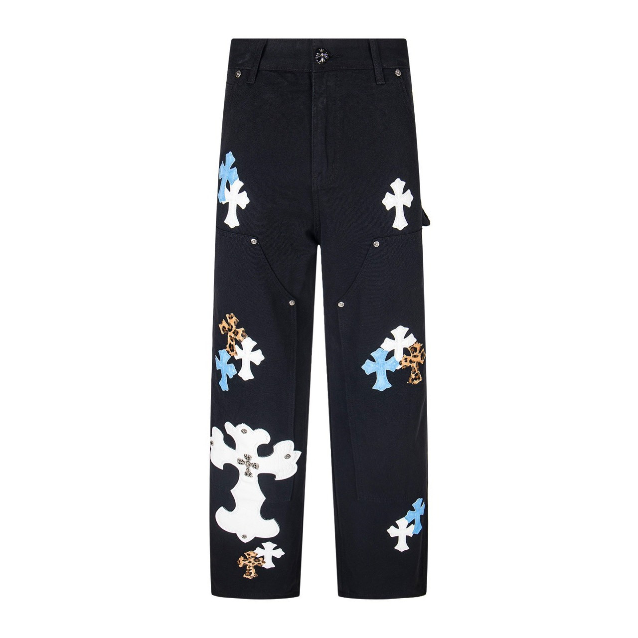 <p>CHROME HEARTS 工装伐木大十字架拼皮牛仔裤(1719#)</p>