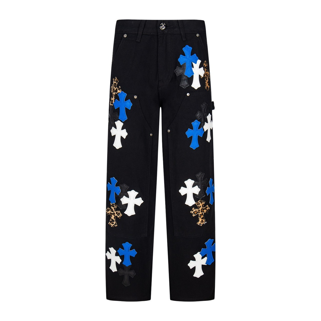 <p>CHROME HEARTS 蓝豹纹拼白皮十字架拼皮情侣款水洗宽松牛仔裤(1777#)</p>