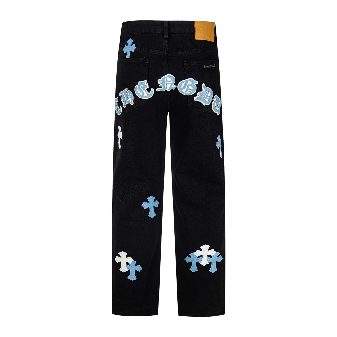 <p>CHROME HEARTS 黑裤梵文蓝白多皮牛仔裤(1801#)</p>