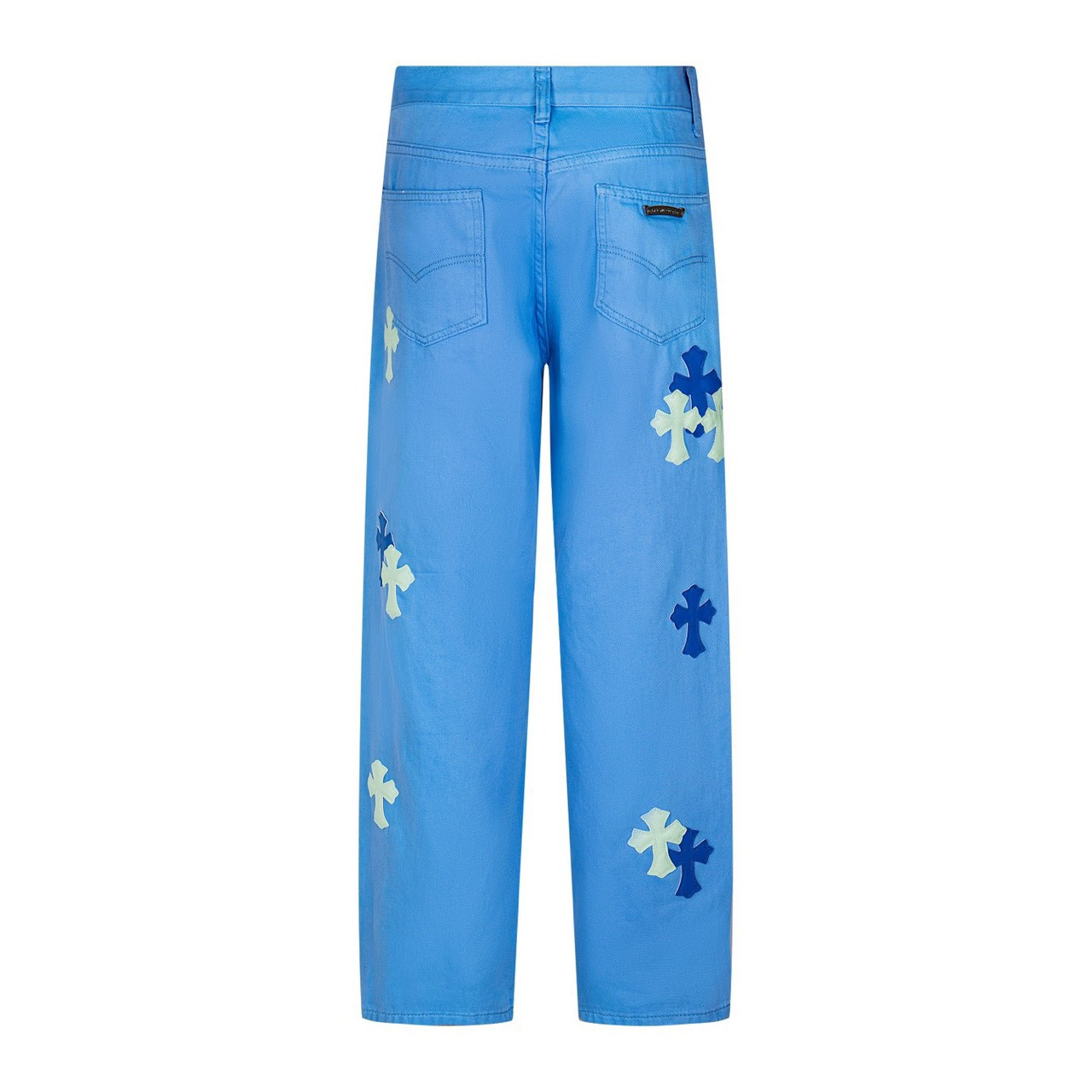 <p>CHROME HEARTS 多巴胺淡蓝十字架贴皮水洗牛仔裤(1752#)</p>