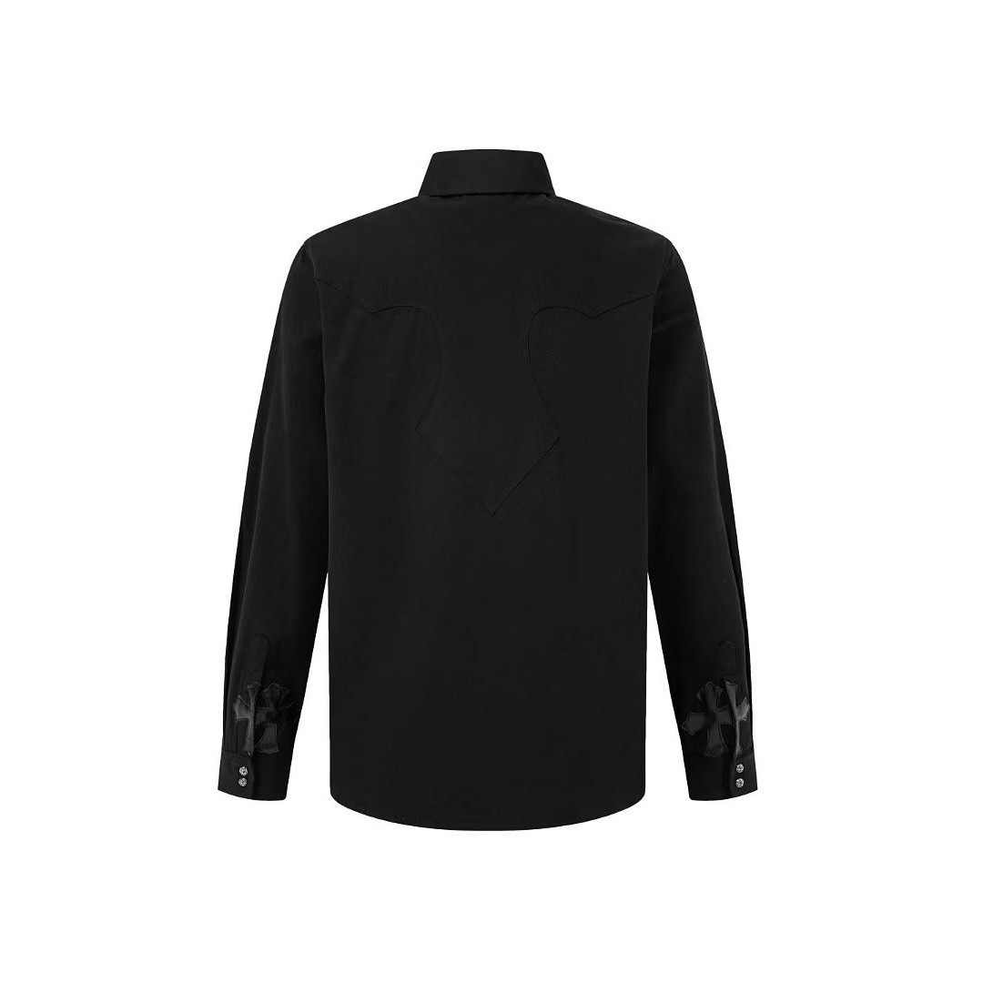<p>CHROME HEARTS Vintage火焰拼皮工装长袖衬衫(黑)</p>