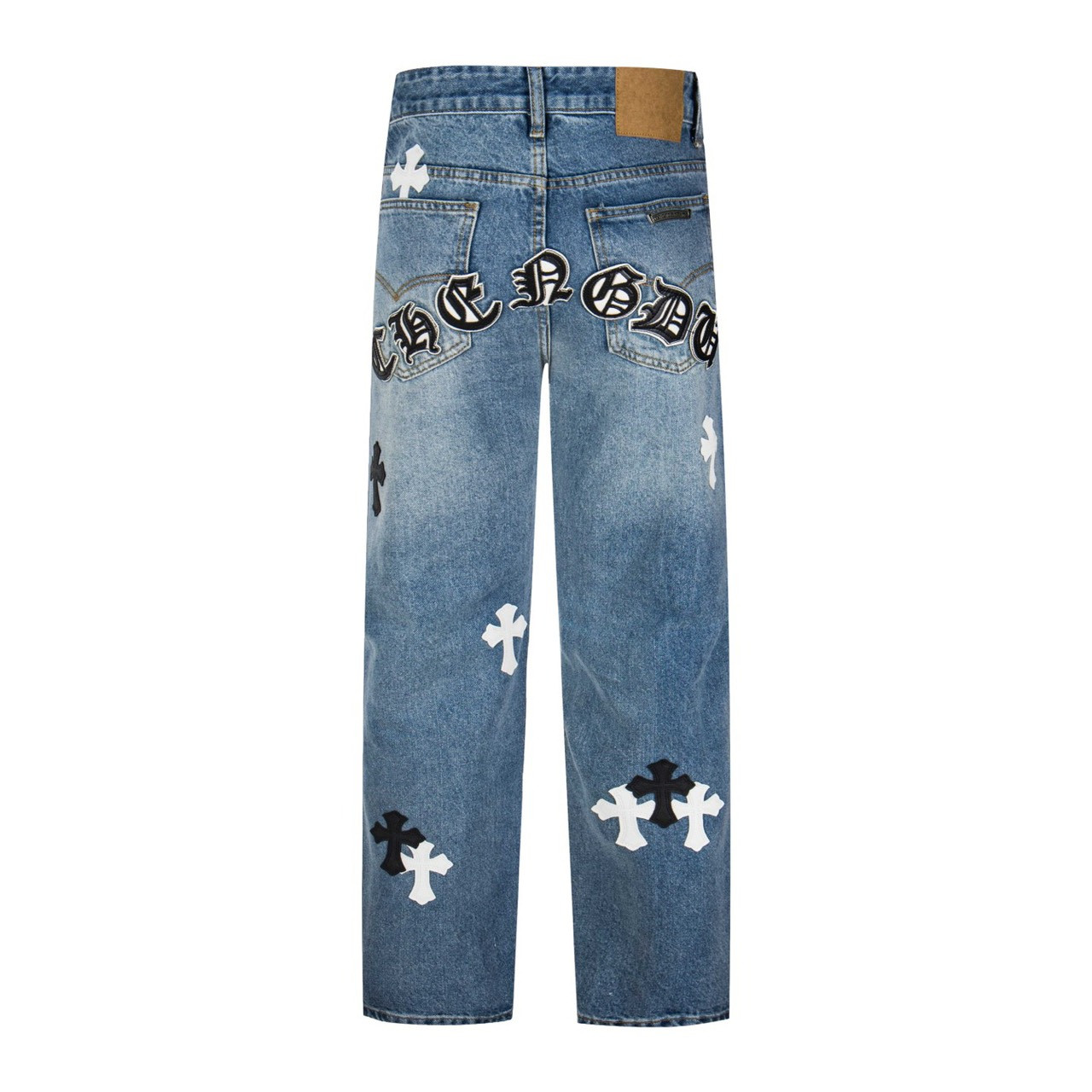 <p>CHROME HEARTS 浅蓝裤梵文黑白拼皮牛仔裤(1803#)</p>

<p>&nbsp;</p>