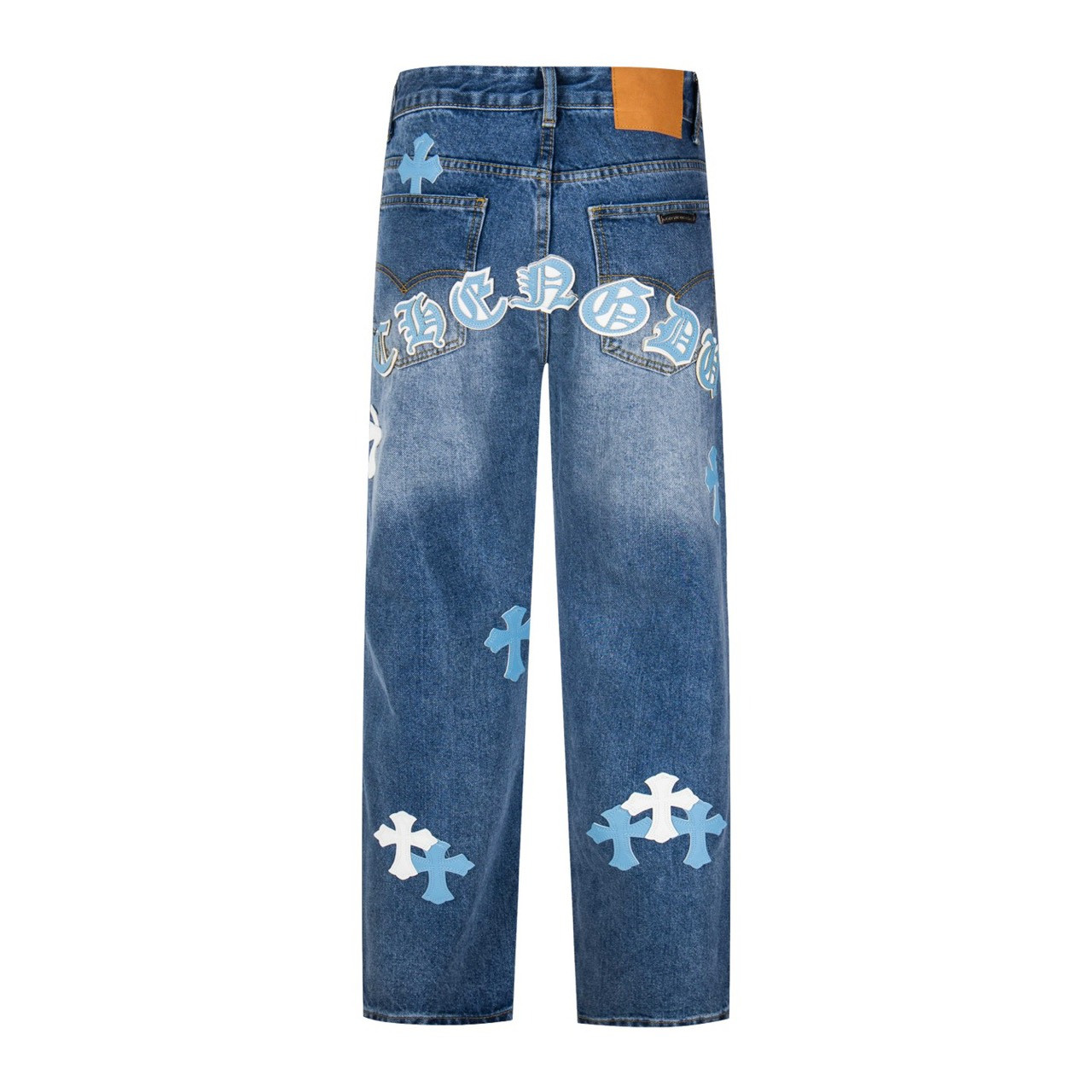 <p>CHROME HEARTS 浅蓝裤梵文蓝白拼皮牛仔裤(1805#)</p>

<p>&nbsp;</p>