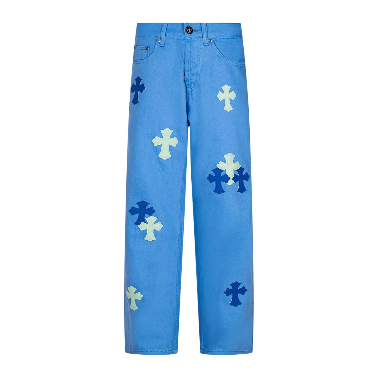 <p>CHROME HEARTS 多巴胺淡蓝十字架贴皮水洗牛仔裤(1752#)</p>