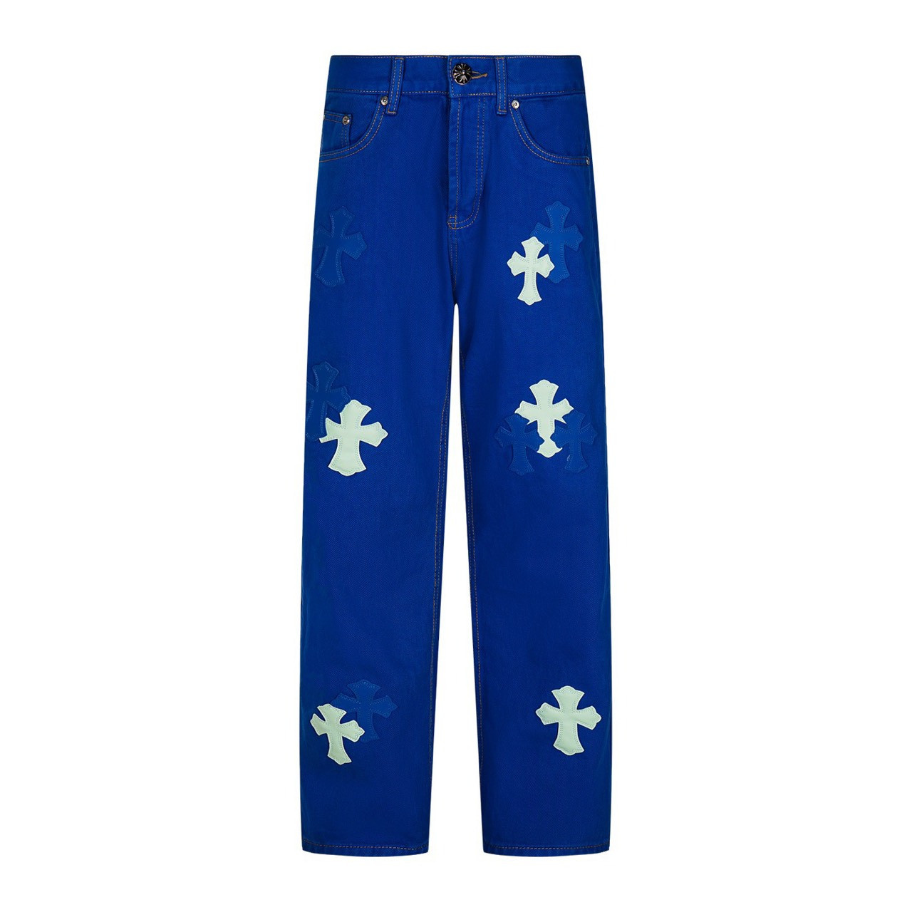 <p>CHROME HEARTS 伦敦限定多巴胺蓝拼皮牛仔裤(1751#)</p>
