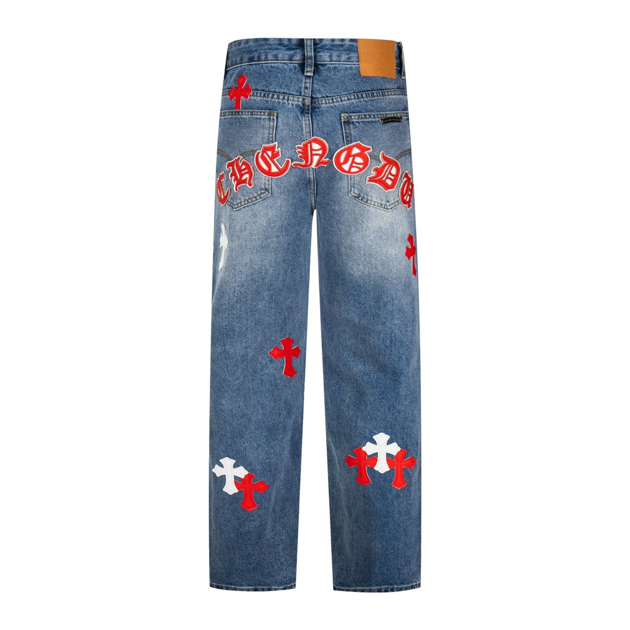 <p>CHROME HEARTS 浅蓝裤梵文红白拼皮牛仔裤(1802#)</p>

<p>&nbsp;</p>