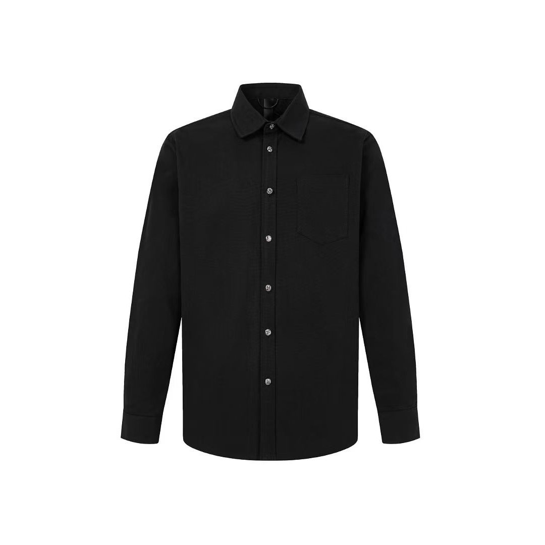 <p>CHROME HEARTS Vintage火焰拼皮工装长袖衬衫(黑)</p>