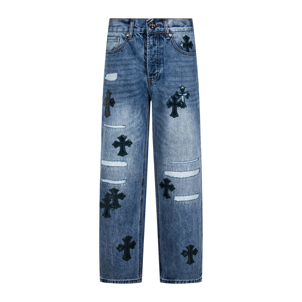 <p>CHROME HEARTS 蓝裤星空破洞贴皮十字架竹节牛仔裤(1766#)</p>