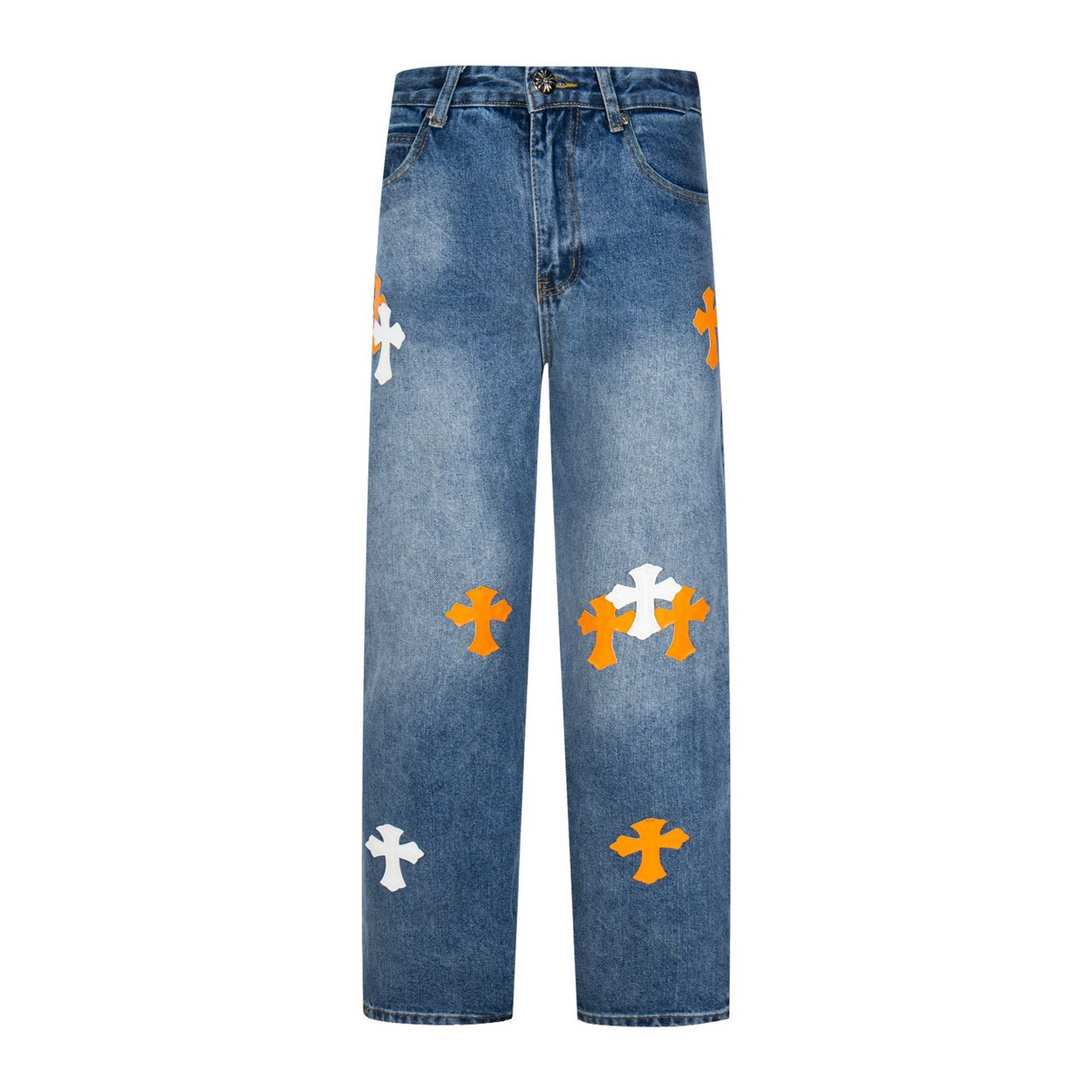 <p>CHROME HEARTS 浅蓝裤梵文黄白拼皮牛仔裤(1804#)</p>