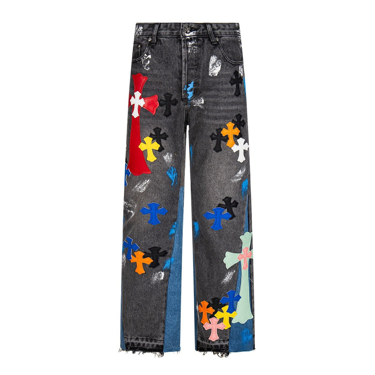 <p>CHROME HEARTS 蓝黄黑白多色拼接水洗牛仔裤(1757#)</p>