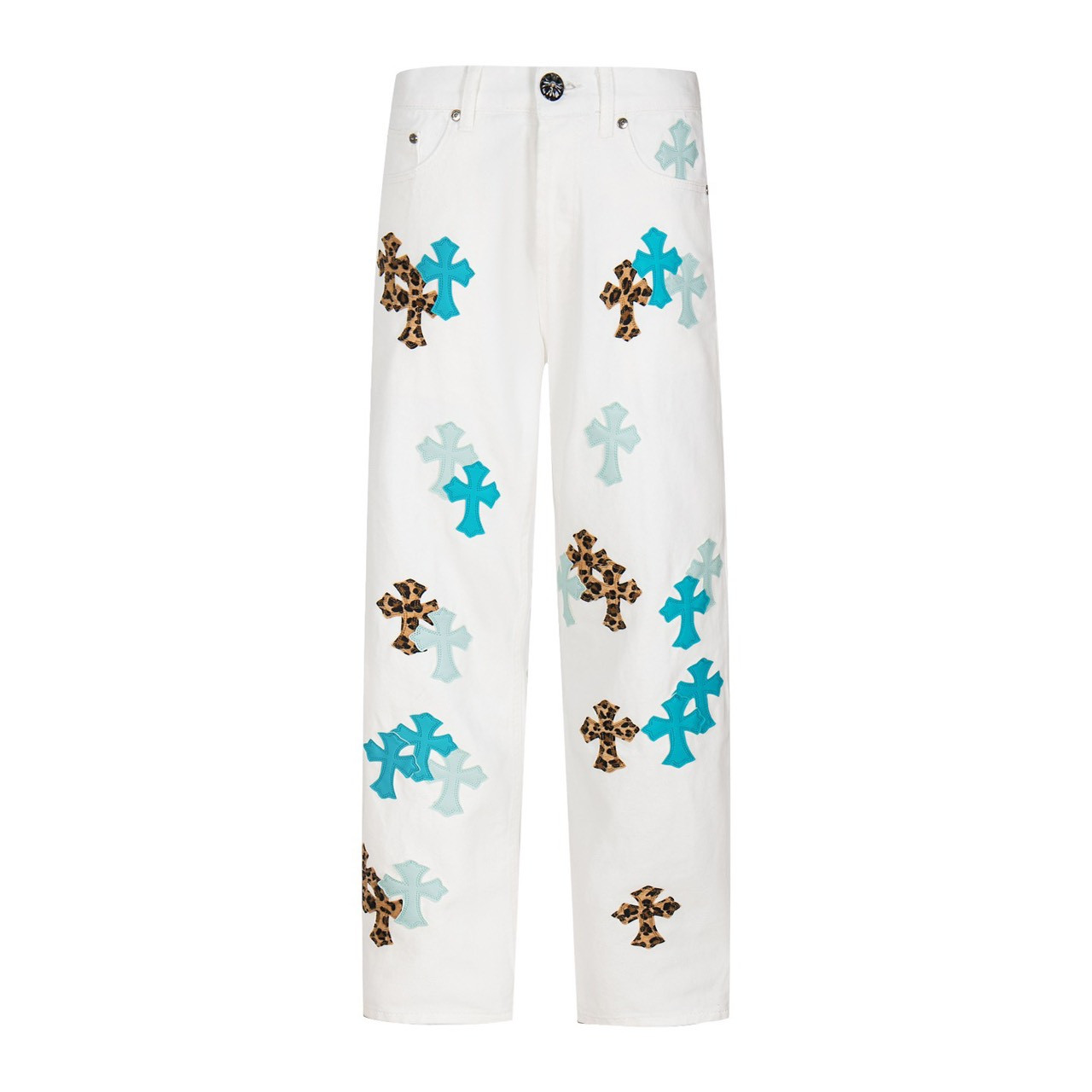 <p>CHROME HEARTS 白裤拼三色豹纹蓝皮牛仔裤(1771#)</p>