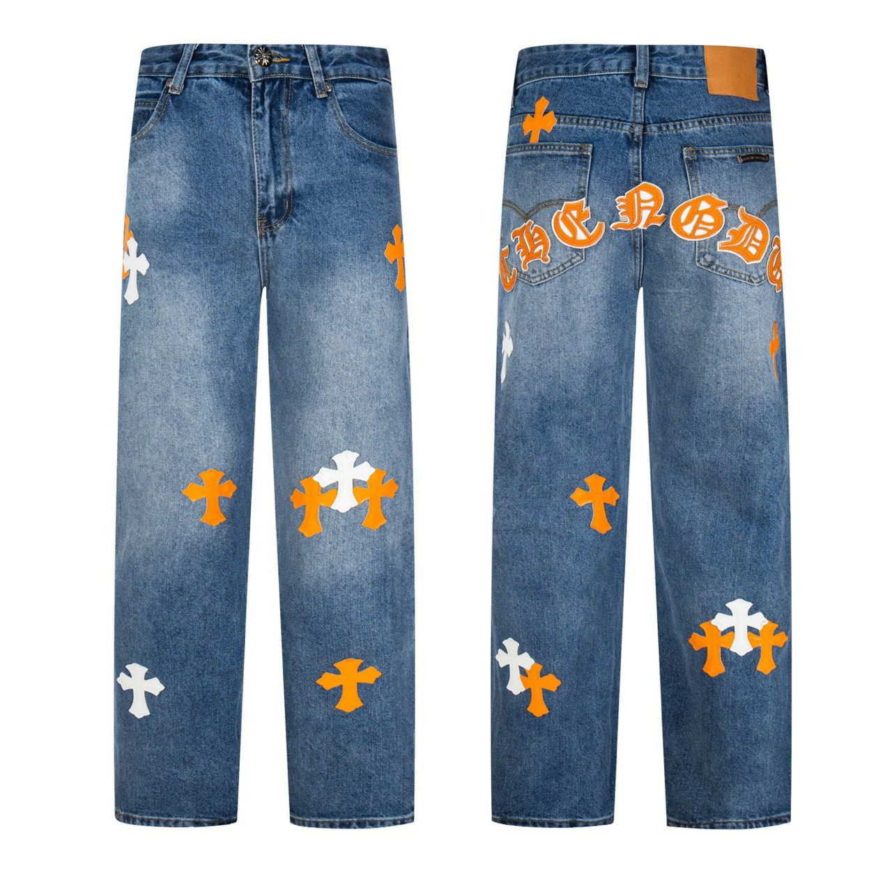 <p>CHROME HEARTS 浅蓝裤梵文黄白拼皮牛仔裤(1804#)</p>