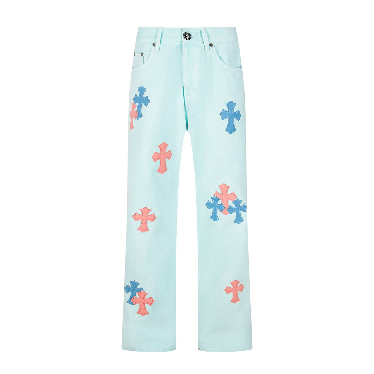 <p>CHROME HEARTS 浅蓝青裤粉蓝拼皮情侣闺蜜牛仔裤(1817#)</p>