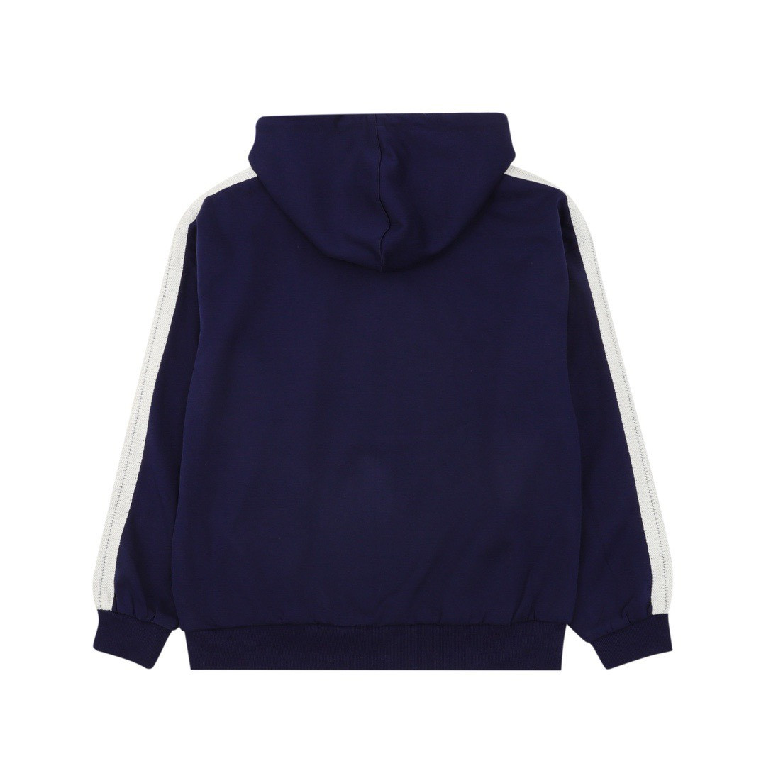<p>Loewe 拼色织带刺绣连帽拉链外套(藍)</p>