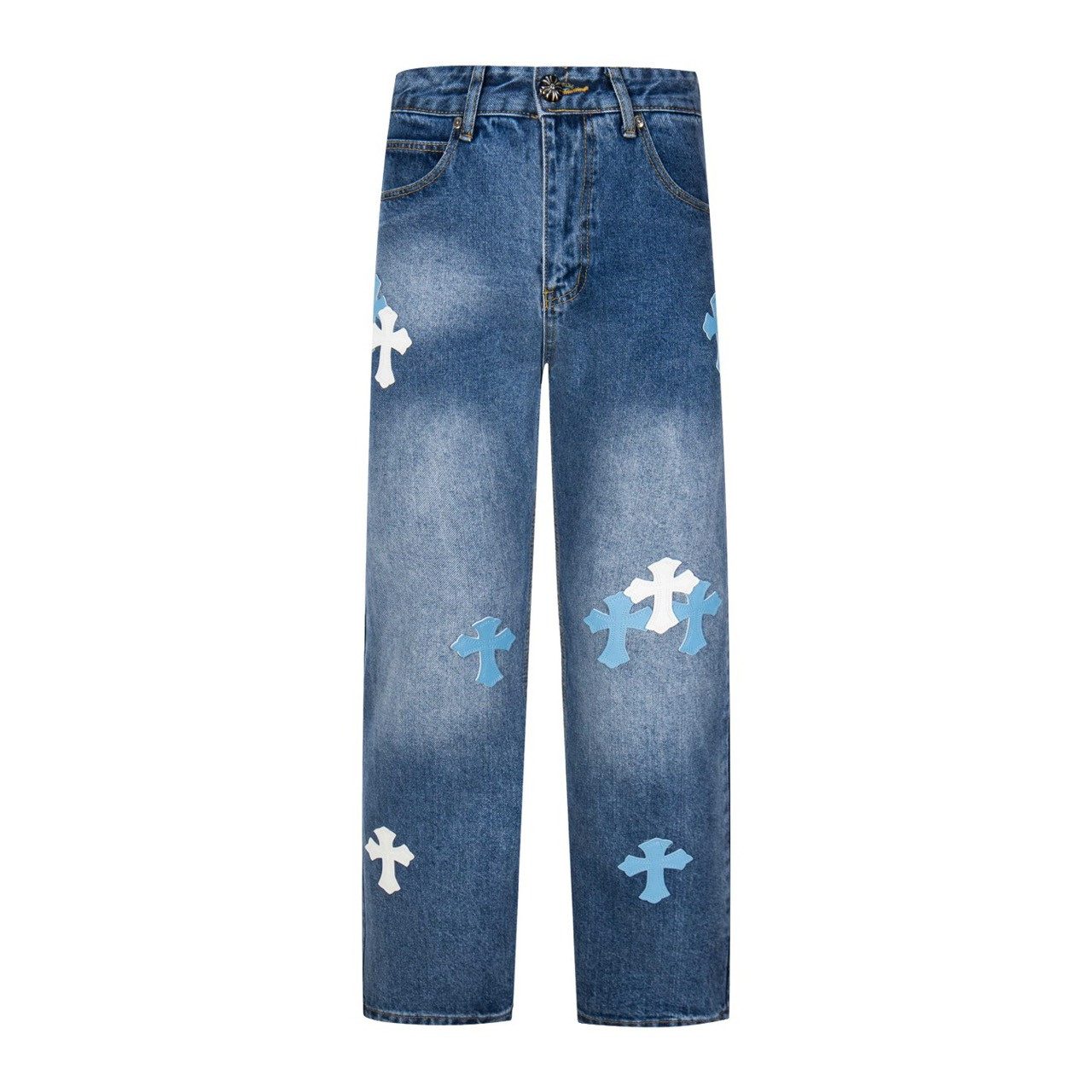 <p>CHROME HEARTS 浅蓝裤梵文蓝白拼皮牛仔裤(1805#)</p>

<p>&nbsp;</p>