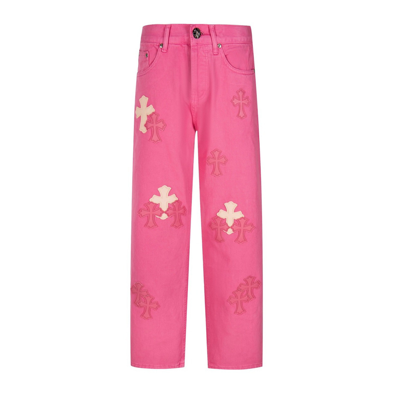 <p>CHROME HEARTS 多巴胺淡粉十字架贴皮水洗牛仔裤(1778#)</p>