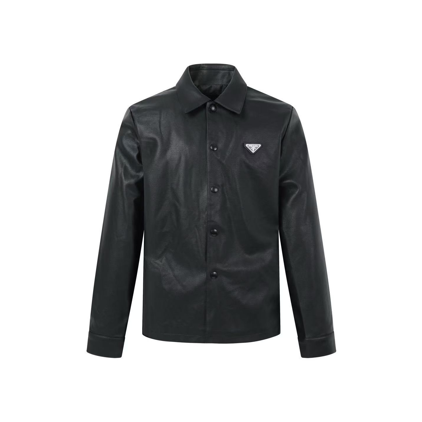 <p>Prada 三角标单排扣皮衣(黑)</p>