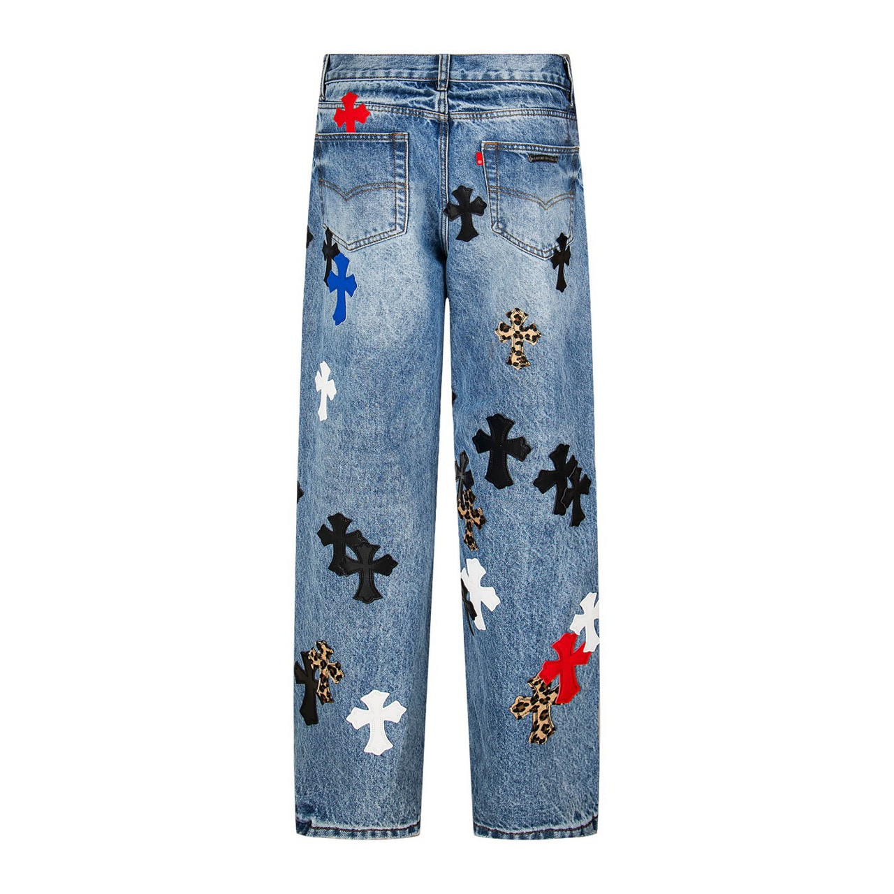 <p>CHROME HEARTS 彩色豹纹十字架拼皮情侣款水洗宽松牛仔裤(1736#)</p>