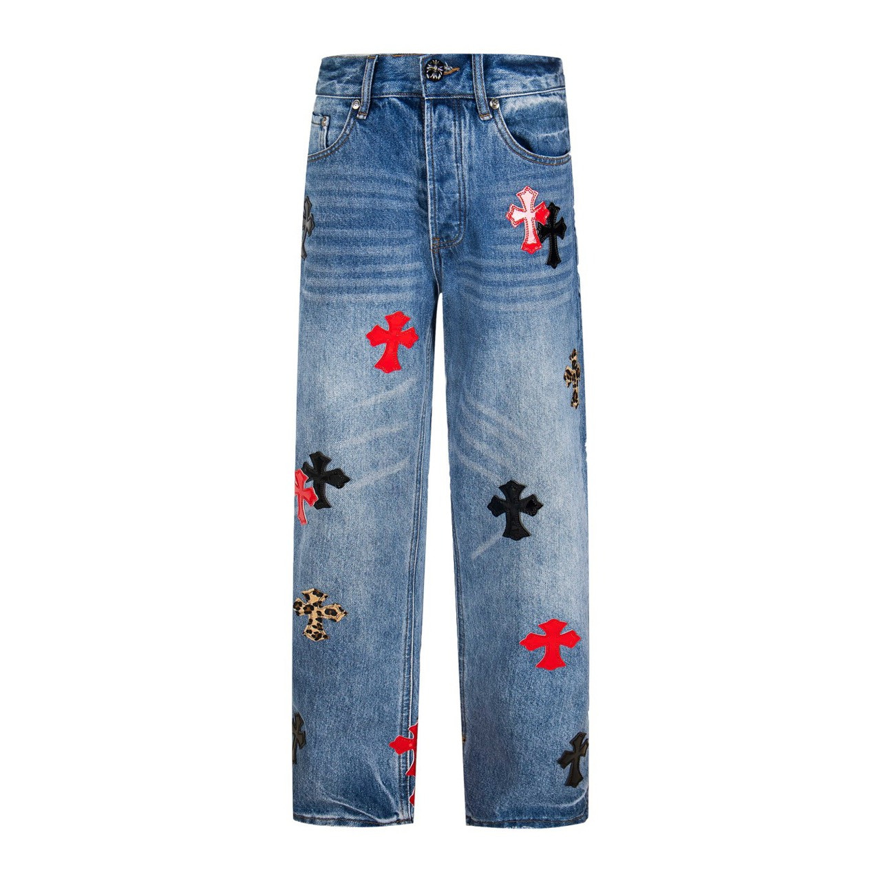 <p>CHROME HEARTS 蓝裤牛仔拼红黑豹纹多皮牛仔裤(1799#)</p>

<p>&nbsp;</p>