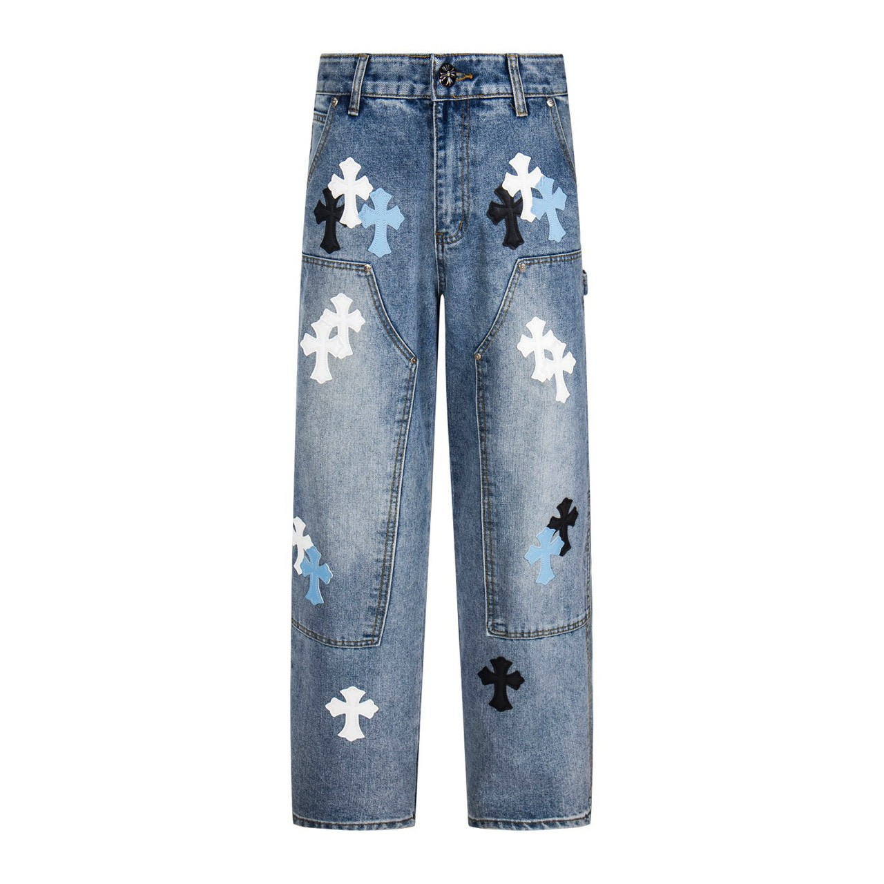 <p>CHROME HEARTS 蓝伐木白皮拼皮牛仔裤(1741#)</p>