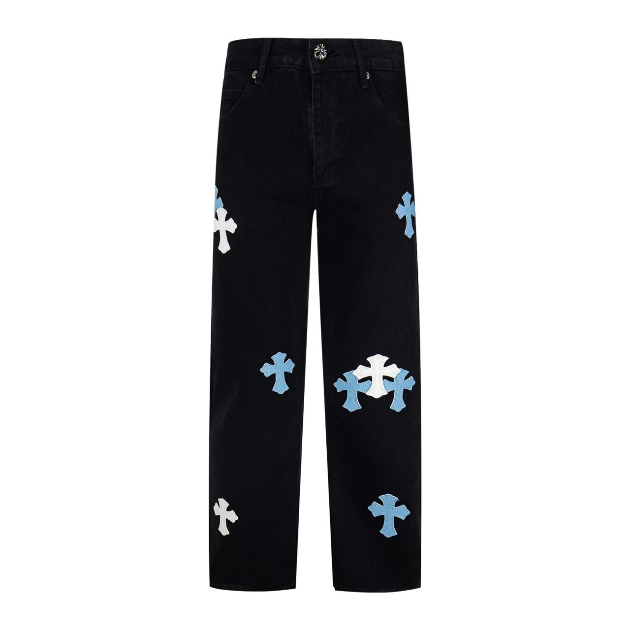 <p>CHROME HEARTS 黑裤梵文蓝白多皮牛仔裤(1801#)</p>