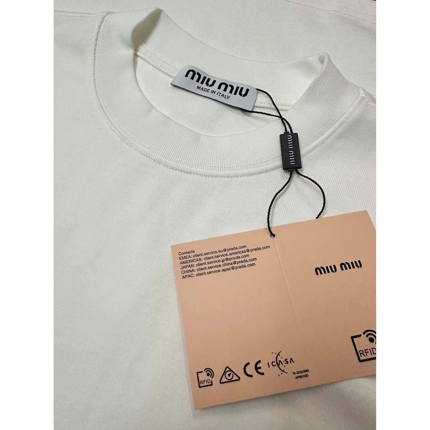 <p>MiuMiu 经典logo刺绣短袖T恤(白)</p>