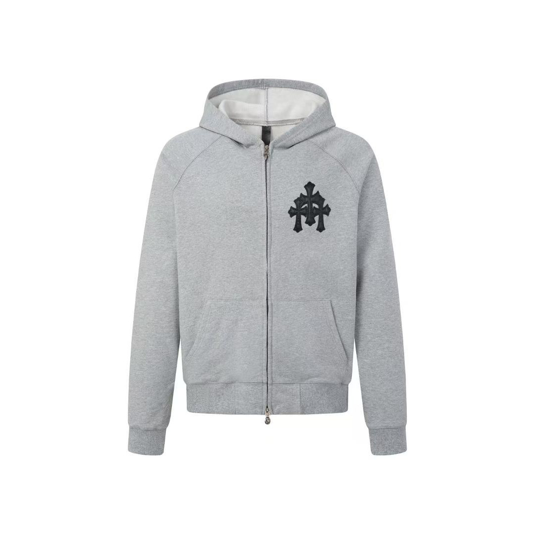 <p>CHROME HEARTS 三花十字架皮标拉链连帽外套(灰)</p>