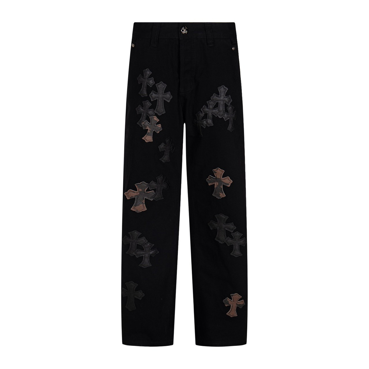<p>CHROME HEARTS 黑棕迷彩十字贴皮牛仔裤(1753#)</p>