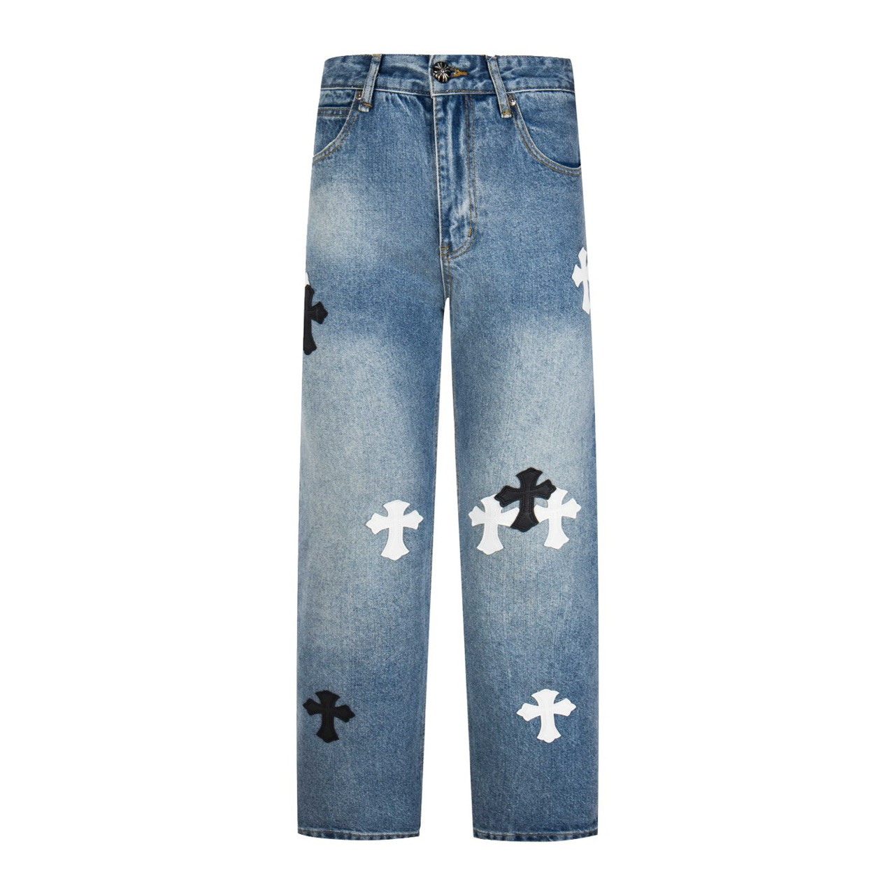 <p>CHROME HEARTS 浅蓝裤梵文黑白拼皮牛仔裤(1803#)</p>

<p>&nbsp;</p>